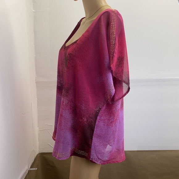 World Unity Top Womens 0X Pink Chiffon Overlay Gold‎ Studded Trim,Lined - Picture 1 of 16